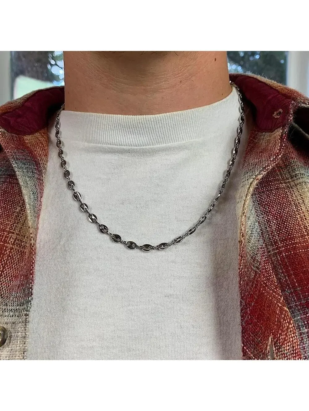Y2k Cyber Vintage 2000s style Coffee Bean Stainless Steel Silver Necklace. High